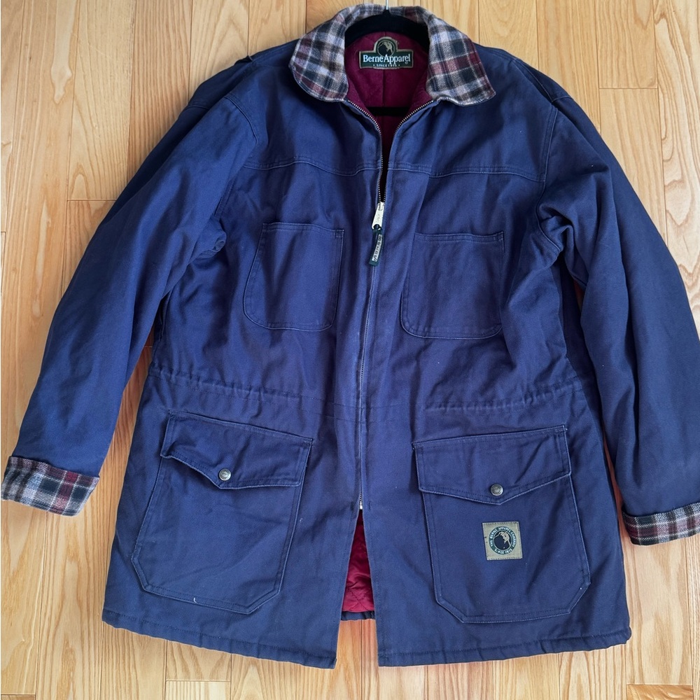 Berne Canvas Work Jacket Men’s L Flannel Lined Navy Chore Coat Insulated Vintage